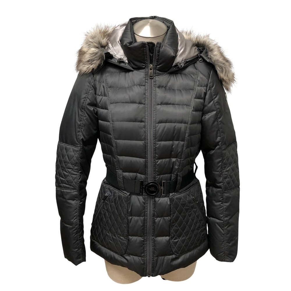 The North Face Puffer Jacket Womens Small Black Belted Faux Fur Hood Gorpcore